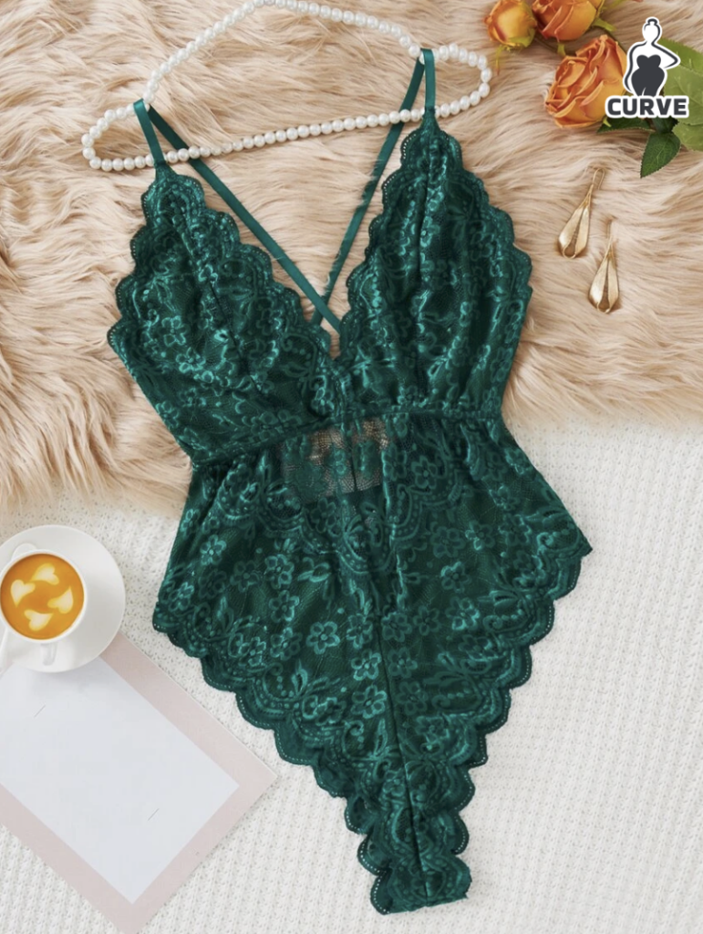 Floral Lace Scallop Trim Cross Back Teddy Bodysuit - 4xl - dark green